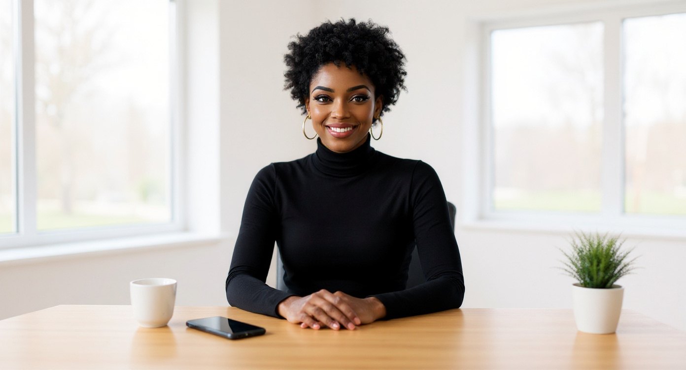 Nia Blake, an AI host in a black turtleneck, at a light-oak desk in a bright white studio