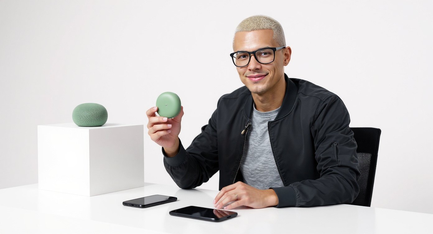 Sasha Vale, an AI host with a platinum buzz cut and glasses, holding a small sage-green speaker in a white studio
